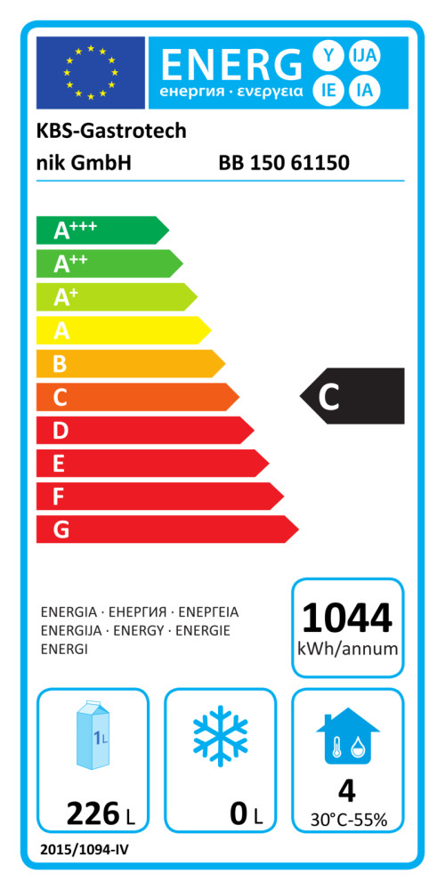 KBS Kühlschrank Backbar 150 mit Volltüren - Energielabel