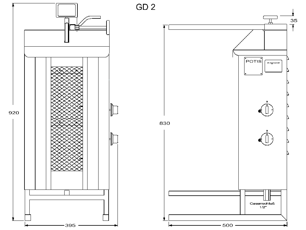 POTIS Gyros und Döner Grillgerät GD2 Flüssiggas Zeichnung
