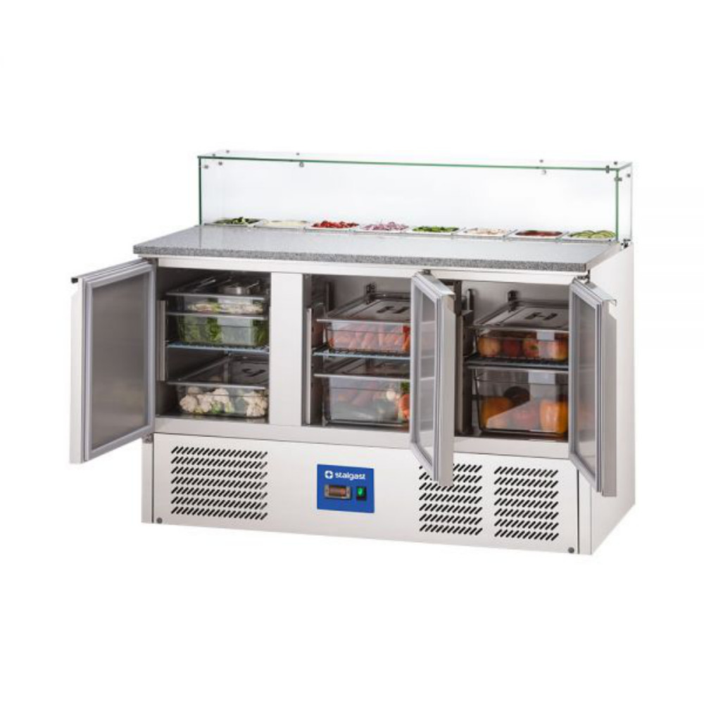 Starline Pizzatisch mit Kühlaufsatz und Glasabdeckung, 3-türig, 8x GN 1/6 - offen und befüllt